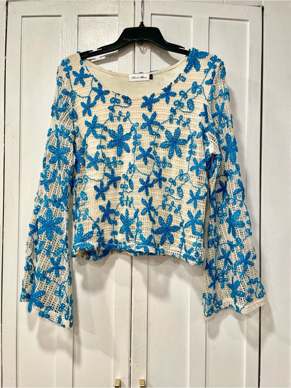 Nicole Marie Crochet Overlay Boho Festival Cottagecore Bell Sleeves Sz. L Fits M